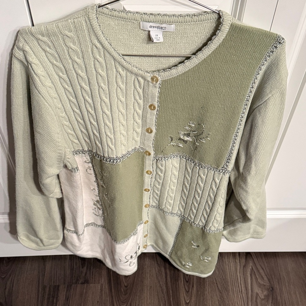 dressbarn Sage and Cream Patchwork Sweater